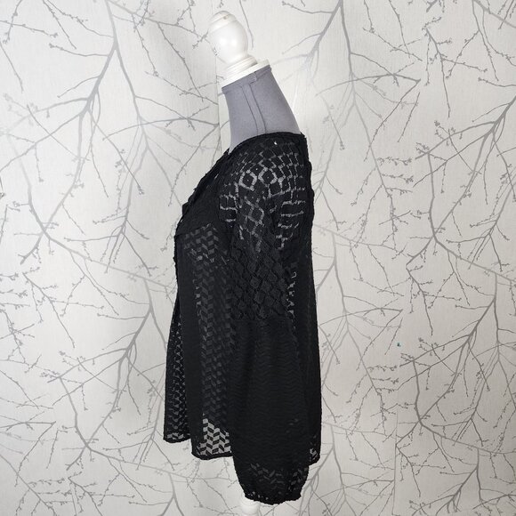 Nine West Black Sheer Jacquard Puff Sleeve Peasant Top - Picture 4 of 6